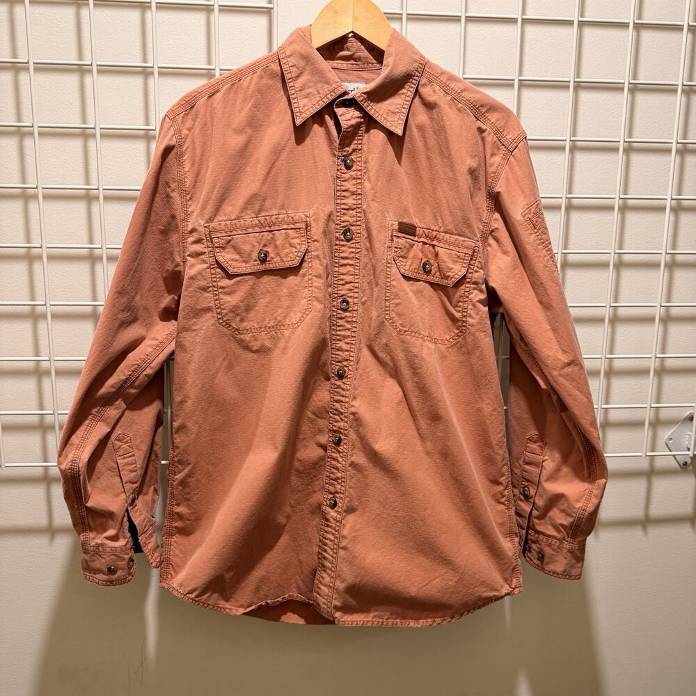 Carhartt Mens Medium Ripstop Long Sleeve Button Up Shirt Rust Orange Faded